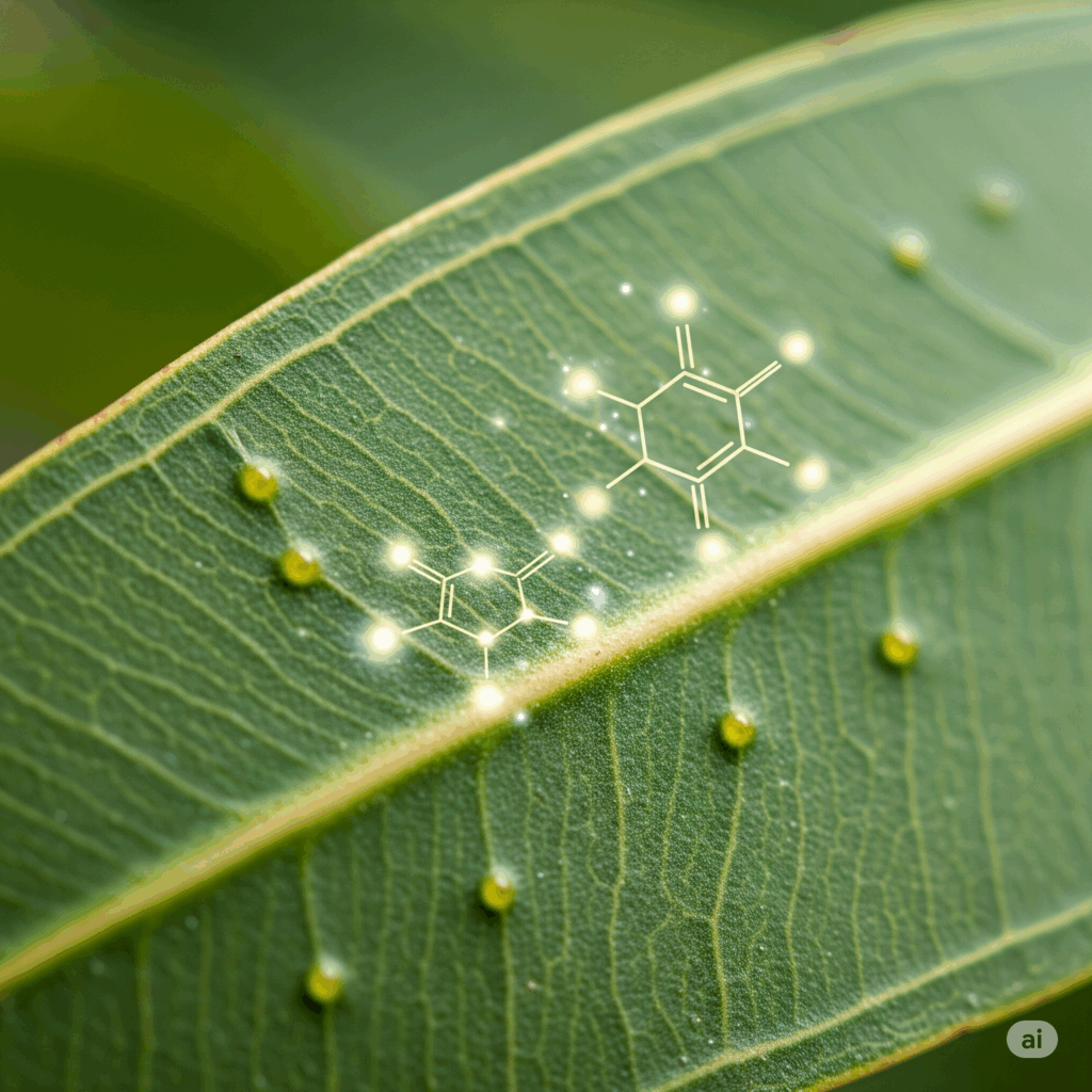 Primer plano macro fotorrealista de una sola hoja de eucalipto con glándulas de aceite visibles (pequeños puntos en la superficie). Representaciones abstractas y suavemente brillantes de la molécula de 1,8-cineol (eucaliptol) podrían superponerse sutilmente, simbolizando el compuesto activo clave responsable de sus propiedades medicinales.