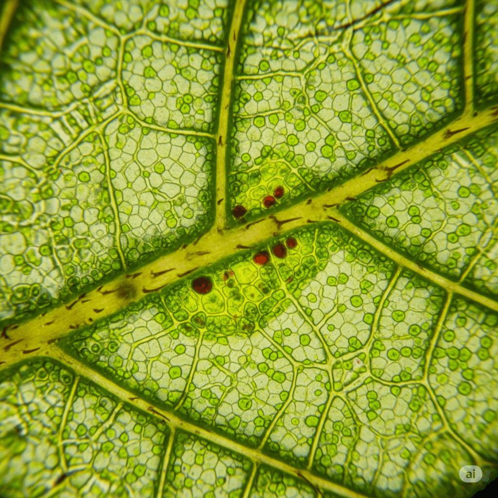 Fotografía de cerca detallada mostrando la intrincada estructura celular de una hoja de planta medicinal, posiblemente con venas visibles y detalles microscópicos sugiriendo la presencia de varios compuestos químicos.