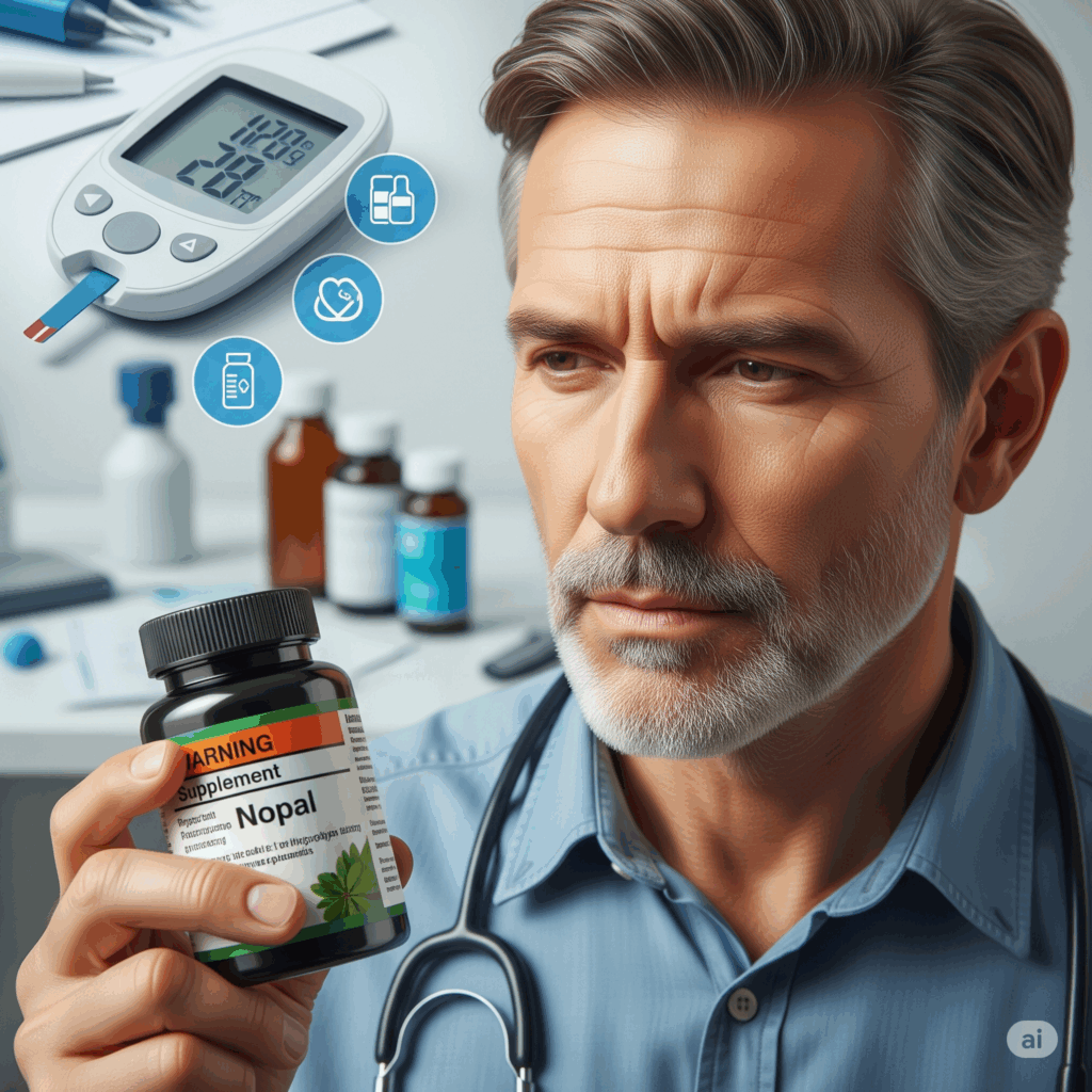Imagen fotorrealista reflexiva de una persona con expresión seria y cautelosa, leyendo cuidadosamente la etiqueta de advertencia en una botella de suplemento de Nopal. Un fondo borroso podría mostrar un monitor de glucosa, un consultorio médico o símbolos que representen frascos de medicamentos, enfatizando la importancia crítica de la consulta médica debido a posibles interacciones y efectos secundarios (especialmente hipoglucemia).