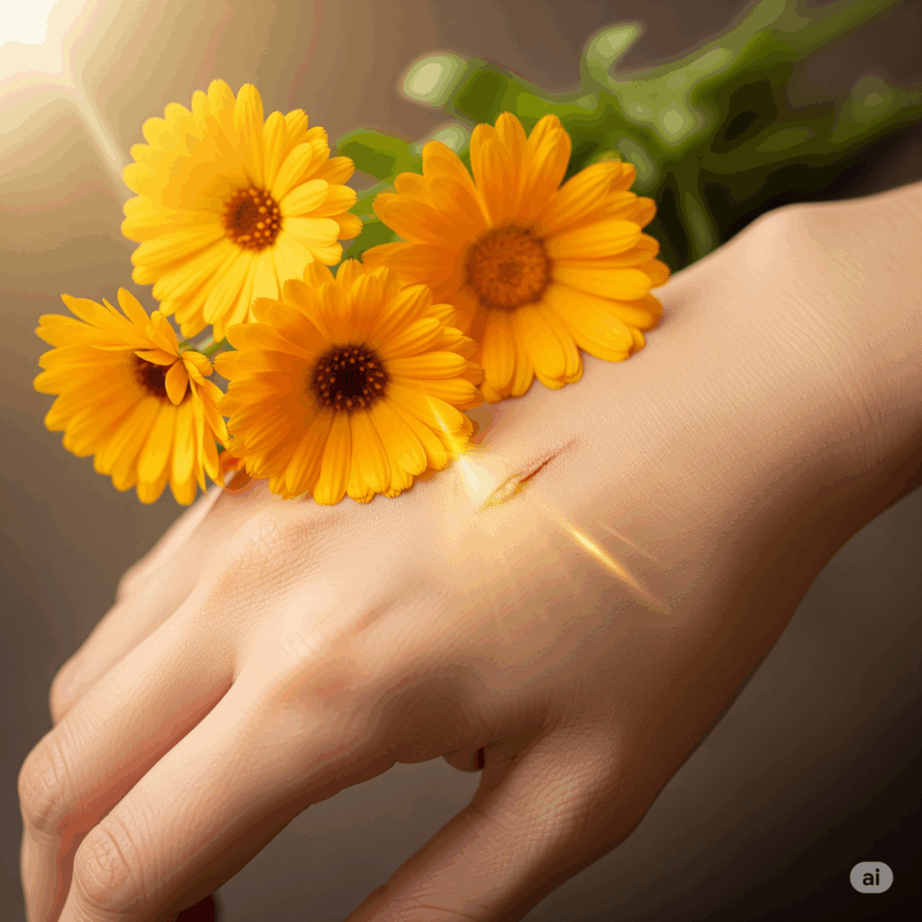 Imagen conceptual fotorrealista que muestra una mano humana estilizada o un área de la piel con un corte o irritación menor, con una luz dorada suave y calmante que emana de las flores de caléndula o una crema que contiene caléndula, sugiriendo una curación rápida, inflamación reducida y regeneración de la piel. El estado de ánimo general debe transmitir confort y recuperación.
