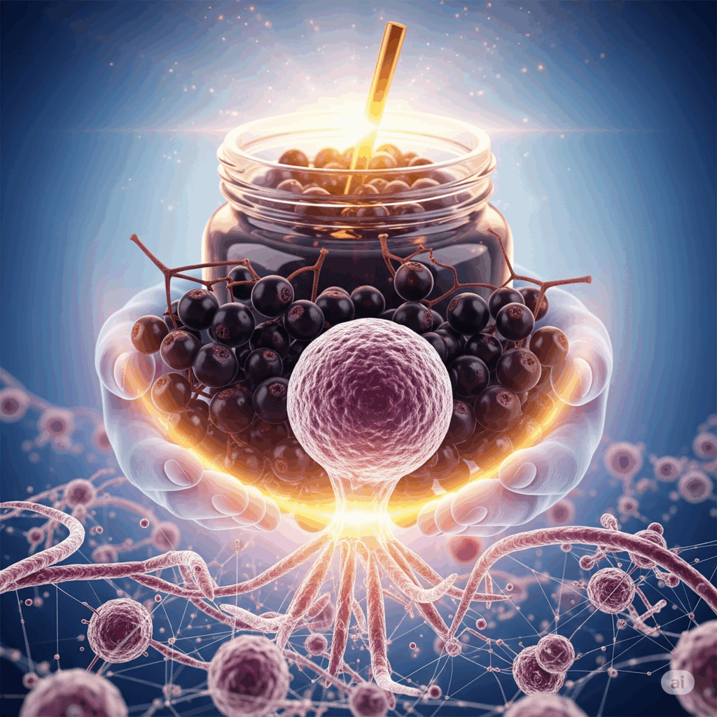 Imagen conceptual fotorrealista que muestra un sistema inmunitario estilizado (quizás representado por estructuras celulares brillantes) siendo apoyado o fortalecido por una luz suave y protectora que emana de bayas de saúco o un frasco de jarabe de saúco. El estado de ánimo general debe transmitir protección y salud contra enfermedades.