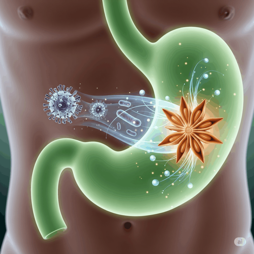 Imagen conceptual fotorrealista que muestra una representación estilizada del área del estómago humano (sutilmente brillante en verde, sugiriendo alivio) y una representación abstracta y sutil de un virus o bacteria siendo suavemente repelida o inhibida por elementos que emanan del anís estrellado. El estado de ánimo general debe transmitir comodidad y protección.