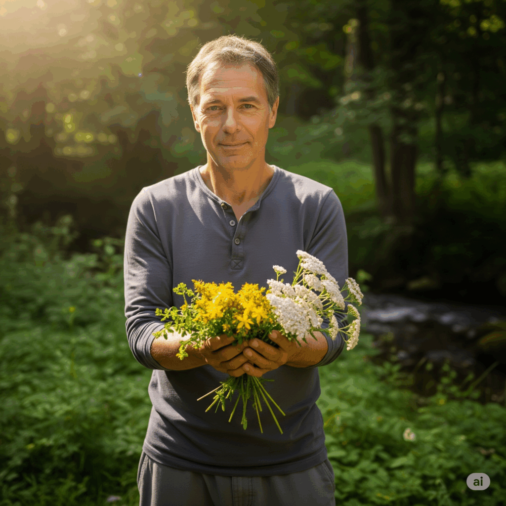 Imagen serena representando a una persona en un entorno natural (ej. un jardín o bosque) sosteniendo un puñado de hierbas medicinales recién recolectadas, transmitiendo una sensación de bienestar y conexión con la naturaleza.