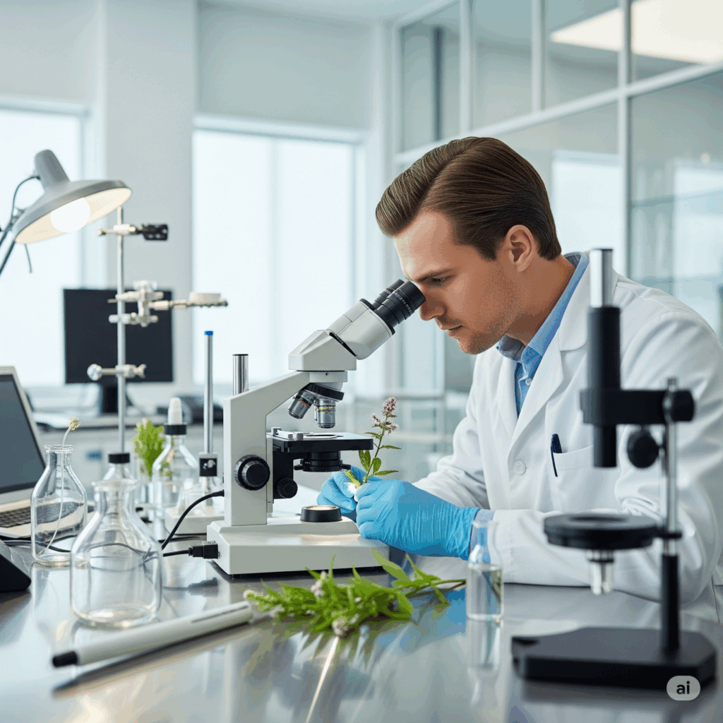 Entorno de laboratorio moderno con equipos científicos y un botánico o investigador examinando una planta medicinal, simbolizando la integración de la ciencia y el conocimiento herbal tradicional.