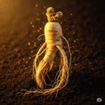 Primer plano fotorrealista y vibrante de una raíz de Panax ginseng, cuidadosamente desenterrada para mostrar su característica forma y textura "humanoide". La raíz está colocada sobre un fondo de tierra oscura y rica, con una sutil luz dorada etérea que emana de ella, simbolizando su energía vital y sabiduría ancestral.