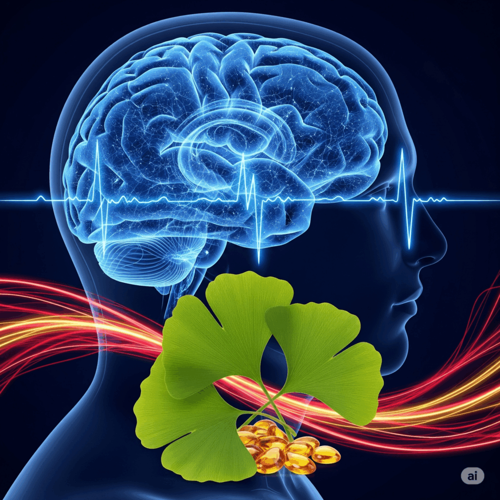 Imagen conceptual fotorrealista que muestra un cerebro humano estilizado con vías neuronales brillantes y una representación de un mejor flujo sanguíneo (quizás representado por líneas fluidas o cambios de color) que se origina en hojas o un extracto de Ginkgo biloba. El estado de ánimo general debe transmitir una mayor claridad mental y circulación.