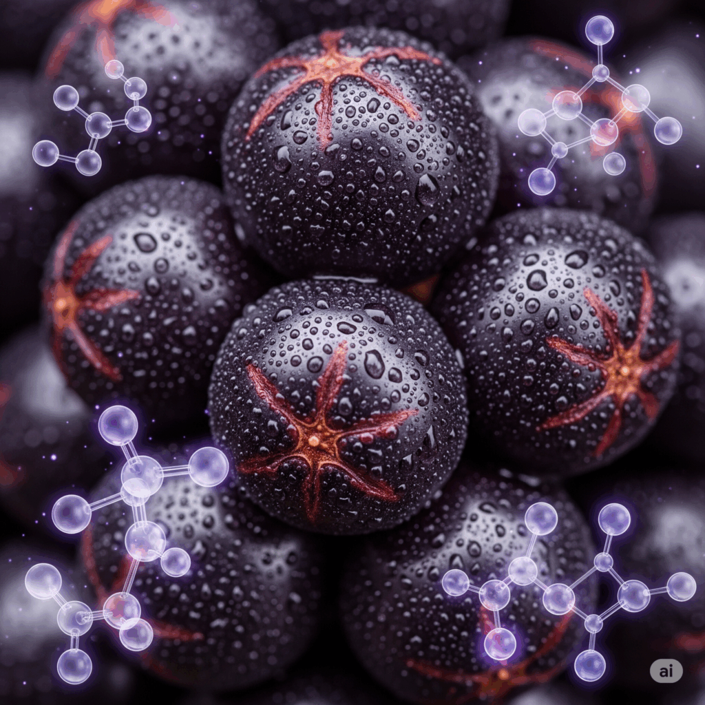 Primer plano macro fotorrealista que se centra en un racimo de bayas de saúco maduras, mostrando su rico color púrpura oscuro. Representaciones abstractas y suavemente brillantes de moléculas de antocianina podrían superponerse sutilmente, simbolizando estos potentes antioxidantes responsables de los beneficios para la salud de las bayas.