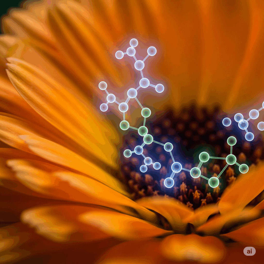 Primer plano macro fotorrealista de un solo pétalo de caléndula, quizás con representaciones abstractas y suavemente brillantes de moléculas de flavonoides o triterpenoides superpuestas o emergiendo sutilmente de la superficie del pétalo, simbolizando los compuestos activos clave responsables de sus propiedades curativas.