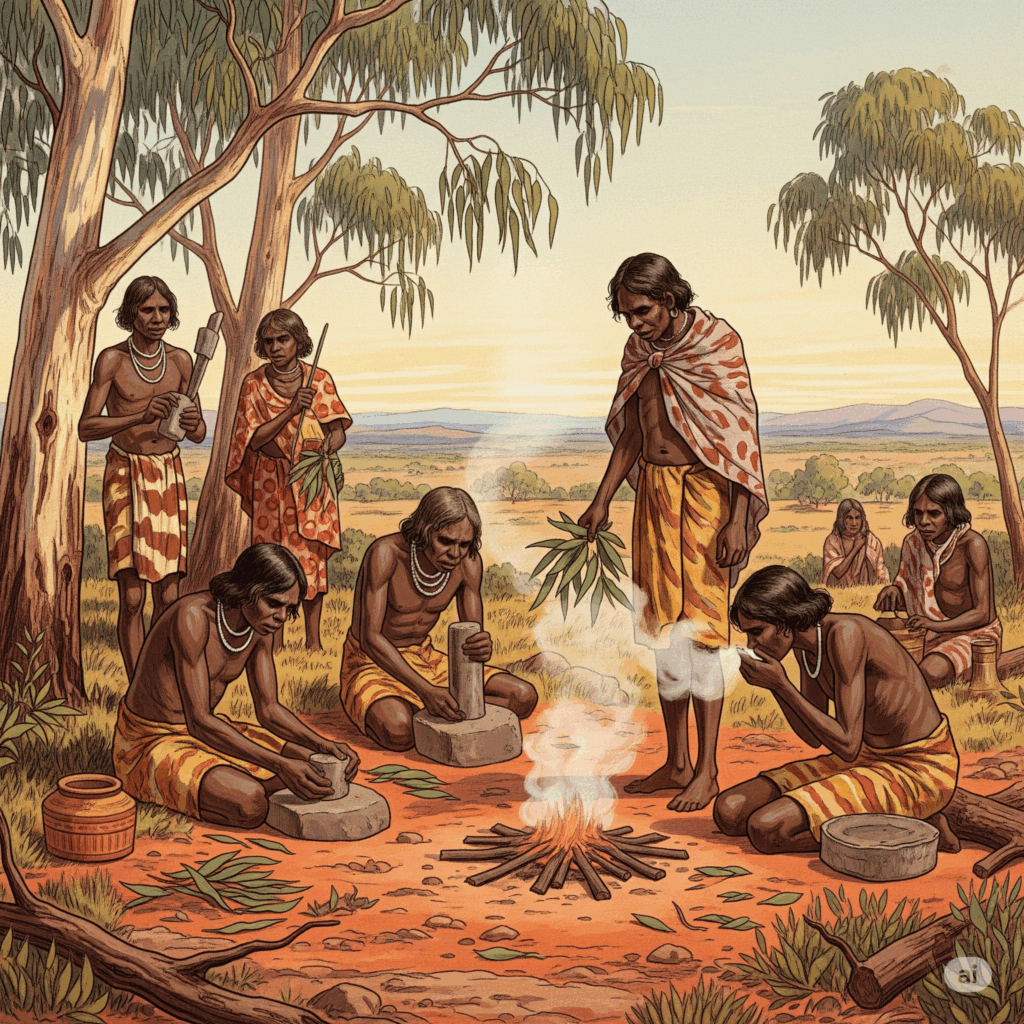 Ilustración o pintura estilo vintage que representa a indígenas australianos utilizando tradicionalmente hojas de eucalipto. La escena podría mostrarlos triturando las hojas para su aplicación medicinal o inhalando el vapor de hojas quemadas, en un paisaje natural australiano.
