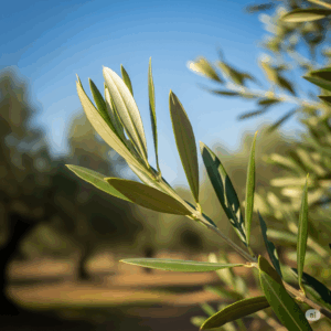 Primer plano fotorrealista y vibrante de hojas de olivo verdes y frescas en una rama, con un fondo mediterráneo suave y bañado por el sol que insinúa olivares y un cielo azul claro. Las hojas deben ser el foco principal, mostrando su forma alargada y su parte inferior plateada.