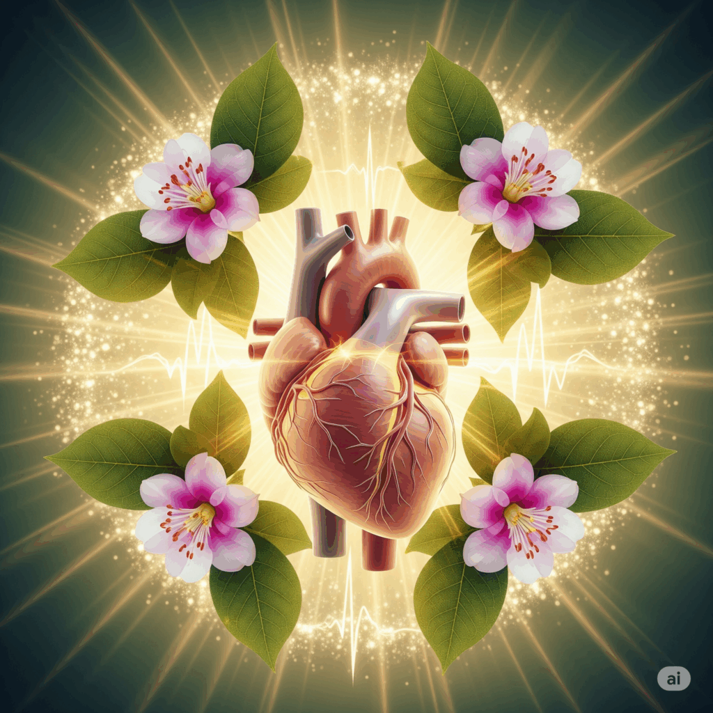 Imagen conceptual fotorrealista que muestra un corazón humano estilizado, posiblemente con sutiles pulsos de luz rítmicos, rodeado de una energía verde o dorada suave y protectora que emana de flores y hojas de espino blanco. El estado de ánimo general debe transmitir fuerza, regularidad y circulación saludable.