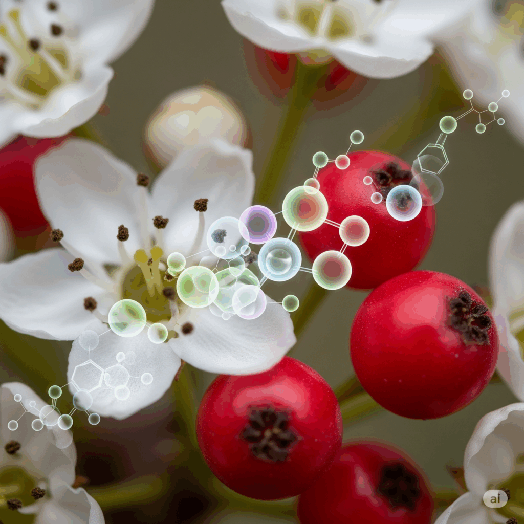 Primer plano macro fotorrealista de una flor o baya de espino blanco, con representaciones abstractas y suavemente brillantes de moléculas de flavonoides y proantocianidinas superpuestas o emergiendo sutilmente de la planta, simbolizando los compuestos activos clave responsables de sus beneficios cardiovasculares.