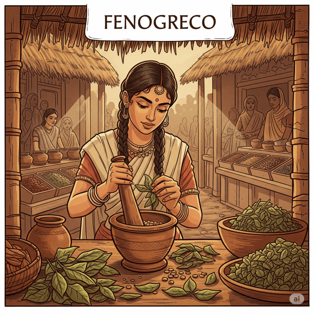 Ilustración o pintura estilo vintage que representa una escena antigua, quizás de la India o Egipto, donde se utiliza Fenogreco. Podría mostrar a una mujer preparando un remedio ayurvédico, o una escena de mercado con hojas y semillas de fenogreco secas, destacando su uso histórico como especia y medicina.