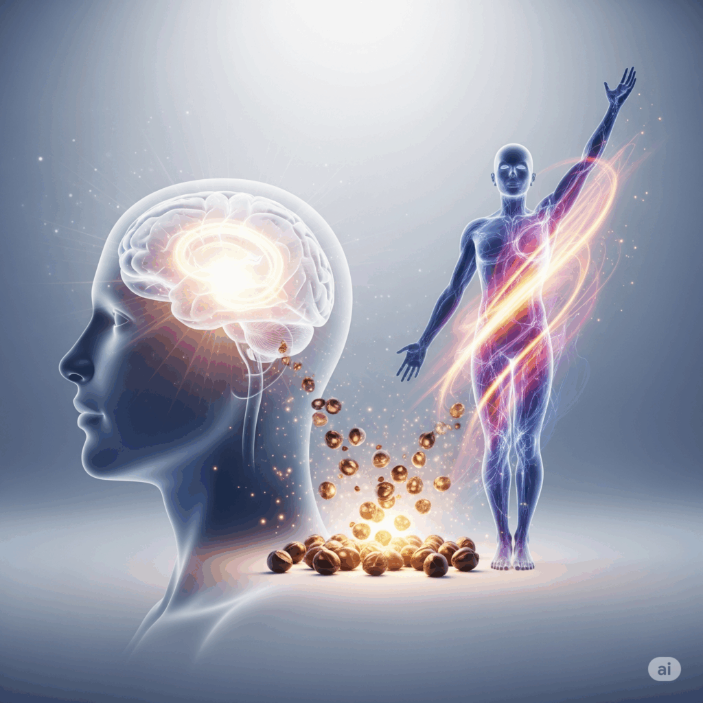 Imagen conceptual fotorrealista que muestra una cabeza humana estilizada con una luz sutil que emana del área del cerebro, transmitiendo una mejor concentración y claridad mental, junto con una figura con líneas de energía dinámicas, simbolizando una mayor vitalidad física. Un brillo natural sutil de las semillas de guaraná podría conectar estos beneficios.