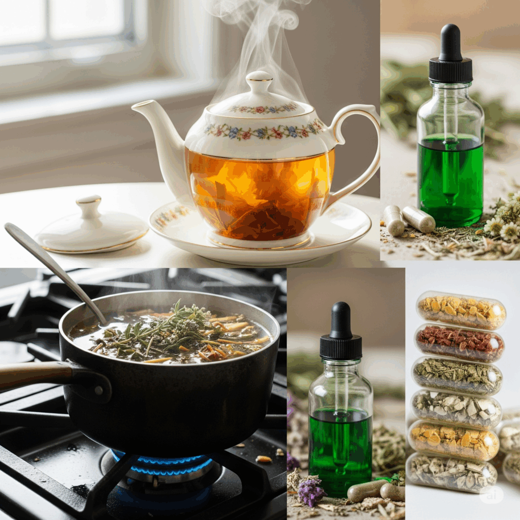 Montaje visual mostrando diferentes métodos de preparación de remedios herbales: una infusión remojándose en una tetera, hierbas hirviendo a fuego lento en una olla para una decocción, una tintura en una botella de vidrio con gotero y hierbas secas en cápsulas.