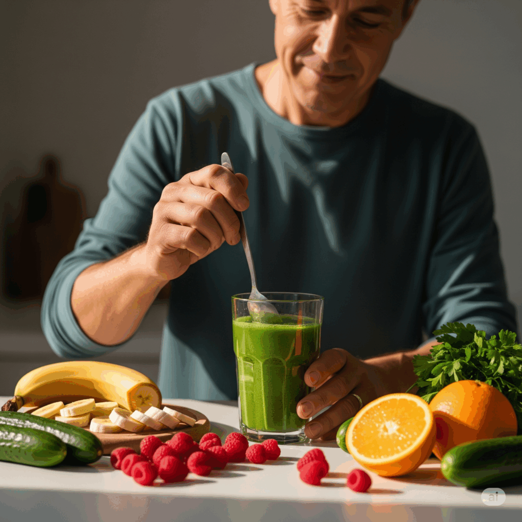 Persona removiendo un batido de Moringa verde brillante en un vaso, con frutas y vegetales frescos alrededor, sugiriendo un desayuno o merienda saludable y natural.