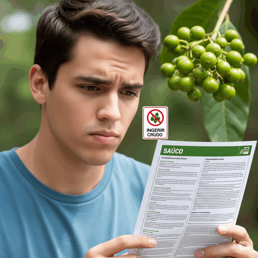 Imagen fotorrealista reflexiva de una persona leyendo cuidadosamente una etiqueta o una hoja informativa sobre el saúco, con una expresión ligeramente cautelosa. Una sutil señal visual de bayas verdes inmaduras o un símbolo de advertencia (ej. un cartel de "no ingerir crudo") podría estar en el fondo, enfatizando la precaución crucial con respecto a las partes crudas o inmaduras de la planta.