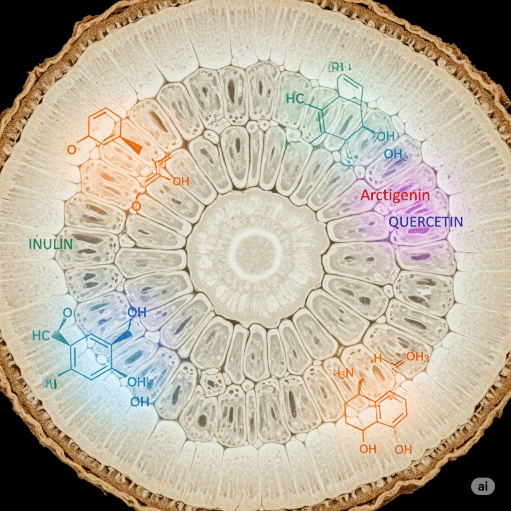 Primer plano macro fotorrealista de un corte transversal de una raíz de Bardana, quizás con representaciones abstractas y suavemente brillantes de compuestos químicos clave como la inulina, un lignano (ej. arctigenina) o un flavonoide (ej. quercetina) superpuestas sutilmente, simbolizando los compuestos activos responsables de sus propiedades depurativas.