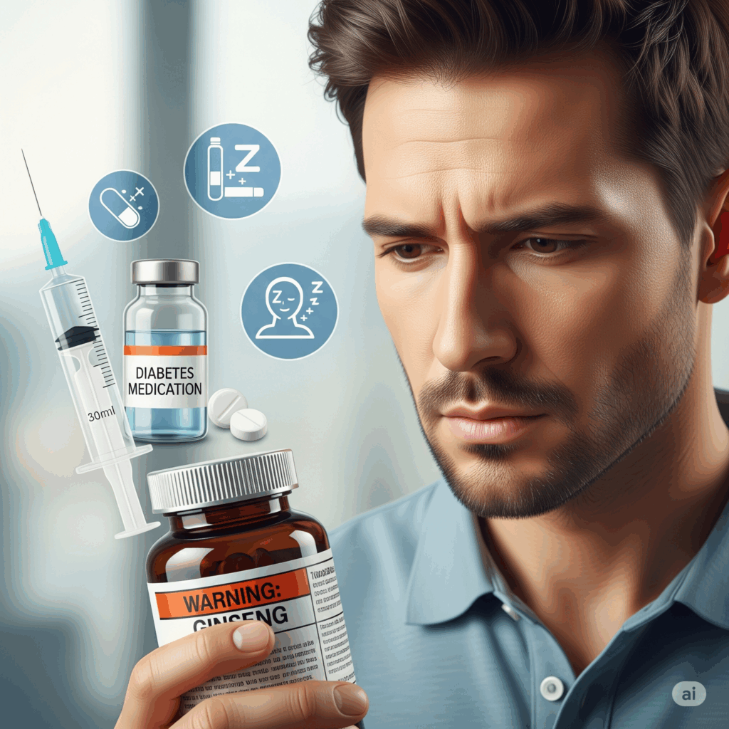 Imagen fotorrealista reflexiva de una persona leyendo cuidadosamente la etiqueta de advertencia en un suplemento de Ginseng, con una expresión seria y cautelosa. Un fondo borroso podría mostrar equipo médico o símbolos que representan interacciones medicamentosas (ej. anticoagulantes, medicamentos para la diabetes) o trastornos del sueño, enfatizando la importancia crítica de la consulta médica debido a posibles efectos secundarios e interacciones.