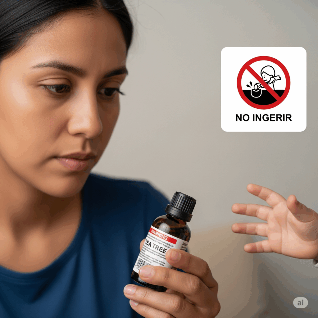 Imagen fotorrealista reflexiva de una persona en Ramos Arizpe leyendo cuidadosamente la etiqueta de advertencia en una botella de Aceite del Árbol del Té, con una expresión seria y cautelosa. Un fondo borroso podría mostrar un símbolo de "no ingerir" o la mano de un niño extendiéndose hacia la botella, enfatizando las precauciones de seguridad cruciales, especialmente con respecto a la ingestión y mantenerlo fuera del alcance de los niños.