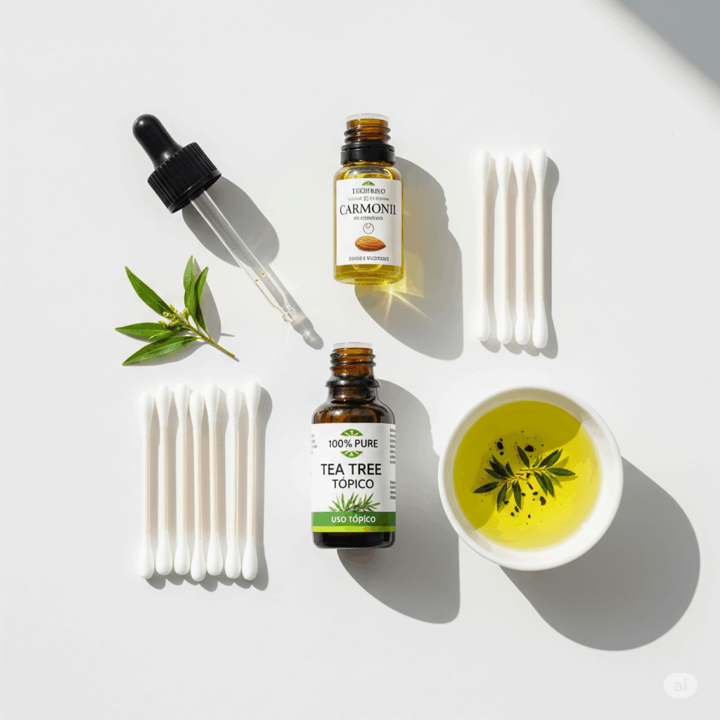 Presentación plana bellamente organizada que muestra varias formas seguras de usar el Aceite del Árbol del Té: una pequeña botella de Aceite del Árbol del Té 100% puro (etiquetada en español, mostrando claramente "uso tópico"), un gotero, una pequeña botella de aceite portador (ej. aceite de jojoba o almendras), hisopos de algodón y una pequeña mezcla diluida en un plato. El entorno es limpio y sugiere un remedio casero de bricolaje.