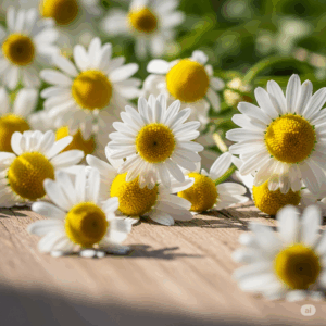 Primer plano fotorrealista de flores frescas de Manzanilla (Matricaria chamomilla) con delicados pétalos blancos y centros amarillos dorados, sobre una superficie de madera rústica, evocando calma y belleza natural.