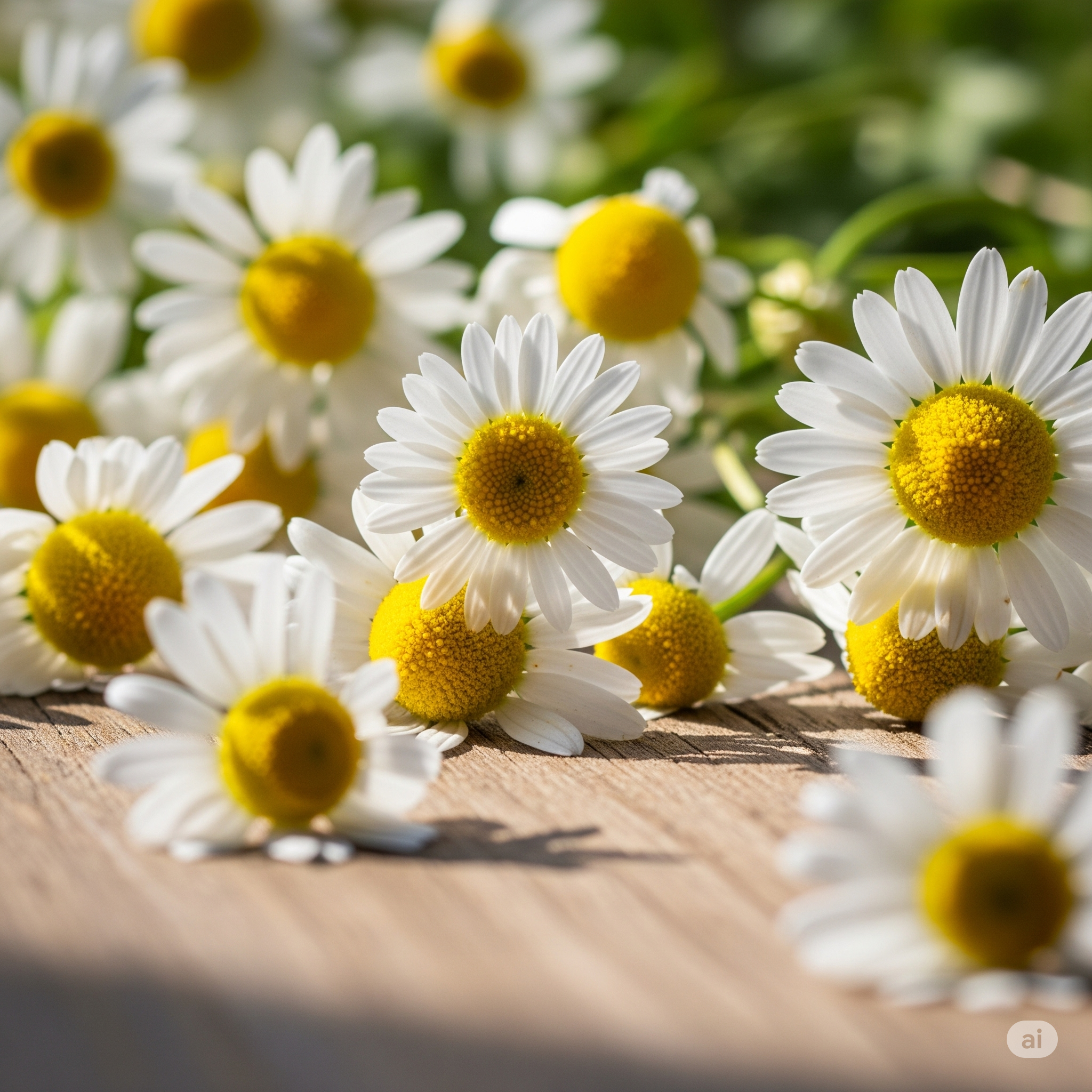Primer plano fotorrealista de flores frescas de Manzanilla (Matricaria chamomilla) con delicados pétalos blancos y centros amarillos dorados, sobre una superficie de madera rústica, evocando calma y belleza natural.