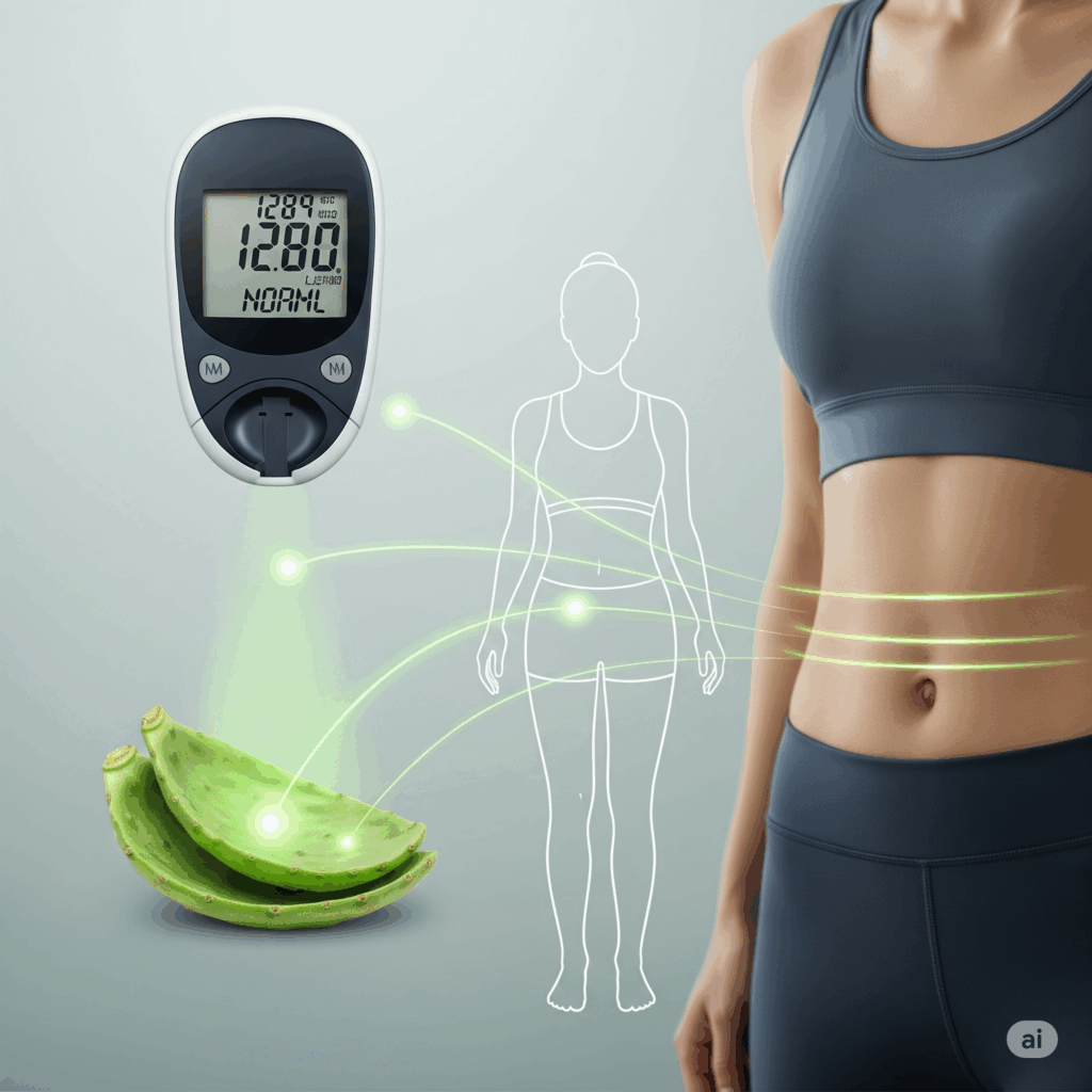 Imagen conceptual fotorrealista que muestra representaciones estilizadas de niveles de azúcar en sangre equilibrados (ej. un glucómetro mostrando lecturas normales) y una persona con sensación de saciedad y una figura equilibrada, quizás con líneas sutiles que indiquen una absorción de grasa reducida. Una luz verde y suave emana de los cladodios de nopal, conectando estos beneficios para la salud.
