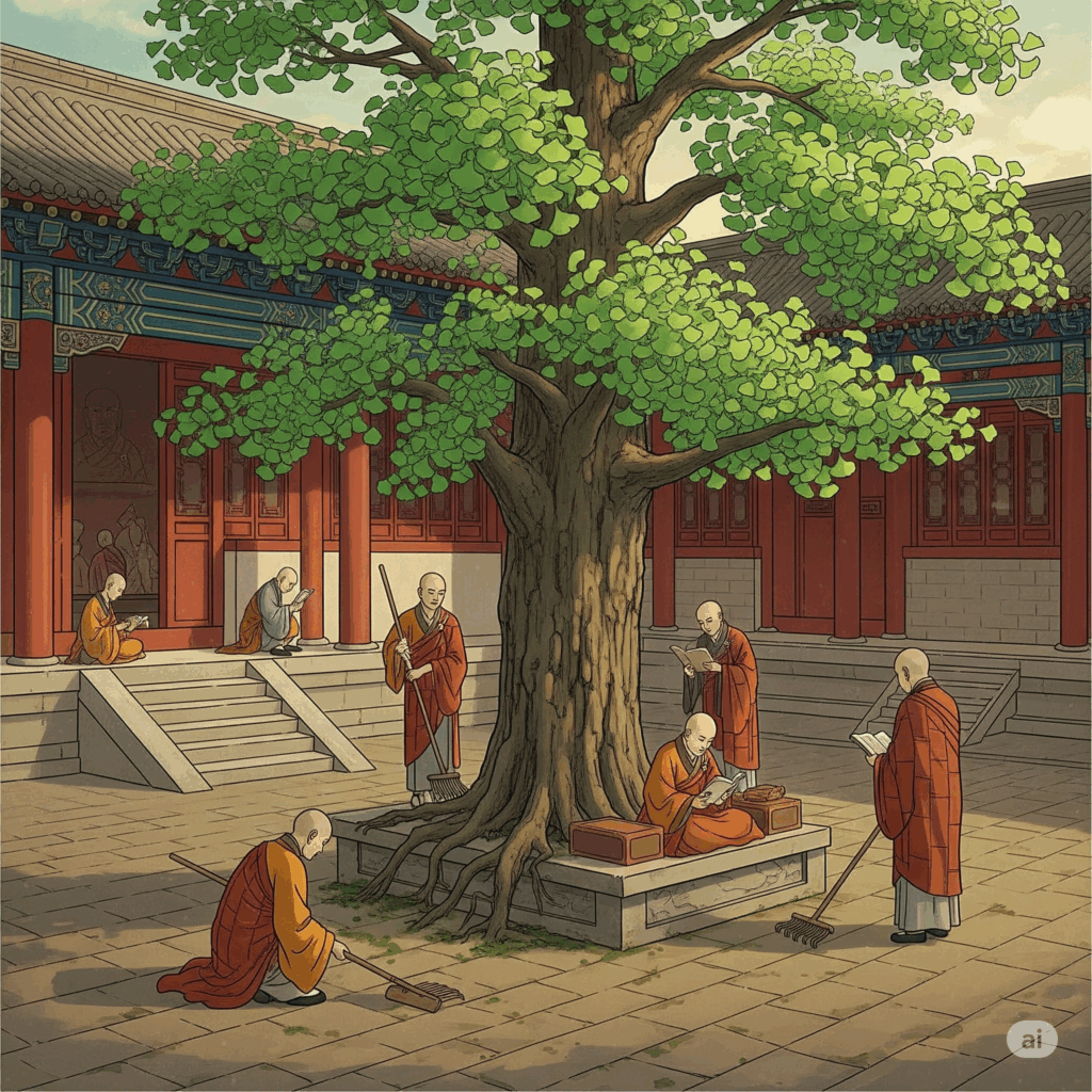 Ilustración o pintura estilo vintage que representa un sereno jardín de un antiguo templo chino con un majestuoso árbol de Ginkgo biloba como elemento central. Se podría mostrar a monjes cuidando el árbol o estudiando bajo su sombra, resaltando su significado histórico y cultural en Asia y su asociación con la longevidad y la sabiduría.