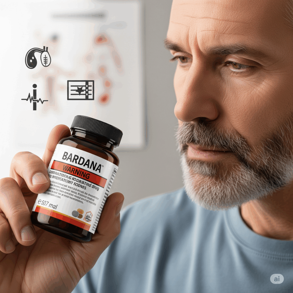Imagen fotorrealista reflexiva de una persona leyendo cuidadosamente la etiqueta de advertencia en un suplemento de Bardana, con una expresión seria y cautelosa. Un fondo borroso podría mostrar un historial médico o símbolos que representan cálculos biliares o diabetes, enfatizando la importancia crítica de la consulta médica debido a posibles contraindicaciones (como cálculos biliares, diabetes) e interacciones medicamentosas.