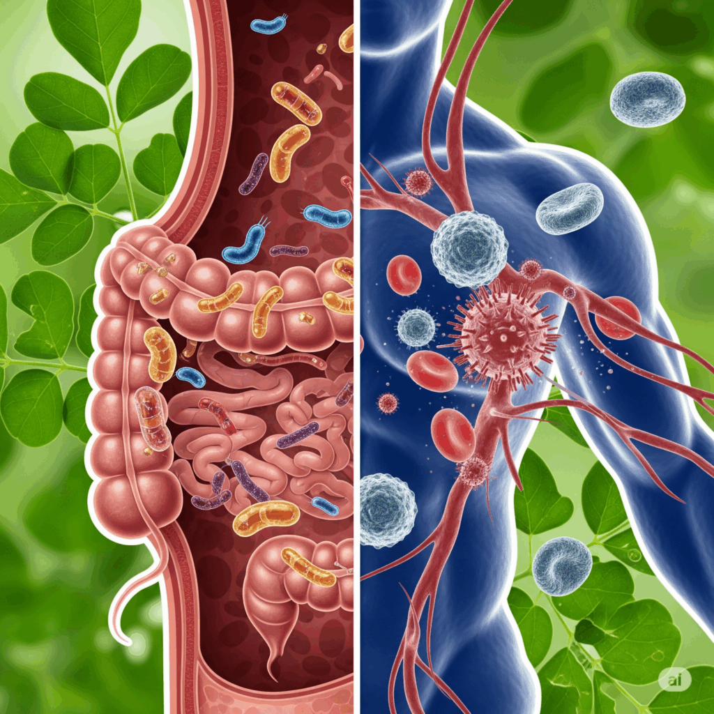 Imagen que muestra un microbioma intestinal sano y un sistema inmune fuerte, con hojas de Moringa integradas, ilustrando sus beneficios para la salud digestiva e inmunológica.