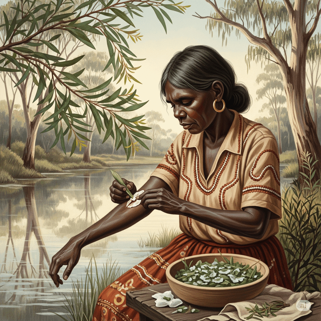 Ilustración o pintura estilo vintage que representa a una persona aborigen australiana preparando o aplicando tradicionalmente hojas trituradas de Melaleuca alternifolia con fines medicinales, quizás cerca de un billabong o en un entorno de matorral, enfatizando los orígenes históricos e indígenas de su uso.
