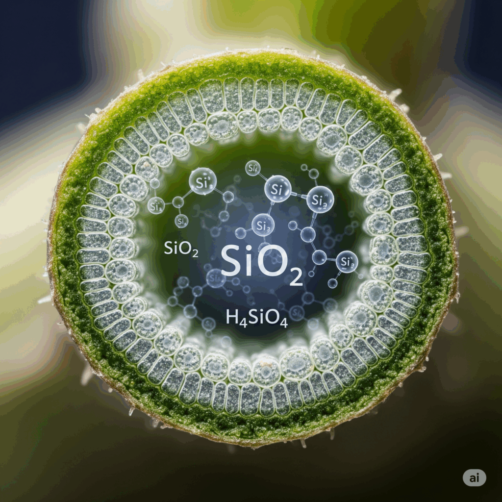 Primer plano macro fotorrealista de un corte transversal de un tallo de Cola de Caballo, quizás con representaciones abstractas y suavemente brillantes de moléculas de dióxido de silicio (sílice) (SiO2) o ácido silícico (H4SiO4) superpuestas sutilmente, simbolizando el compuesto activo clave responsable de sus propiedades remineralizantes.