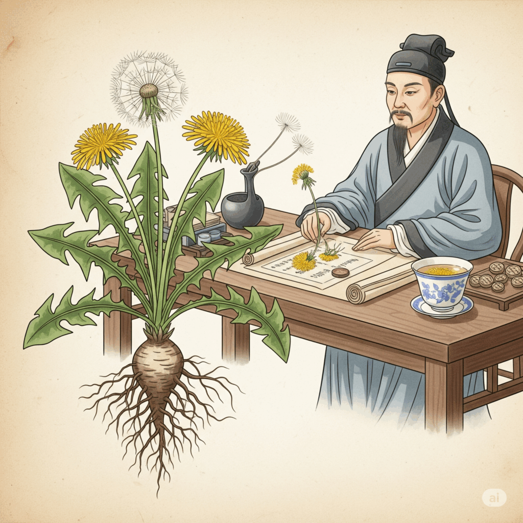 Ilustración o pintura estilo vintage que representa una escena histórica donde se utiliza el Diente de León. Podría mostrar a un herbolario medieval europeo recolectando las hojas y raíces, o a un antiguo médico chino prescribiéndolo, destacando su largo uso tradicional en diversas culturas como planta medicinal y culinaria.