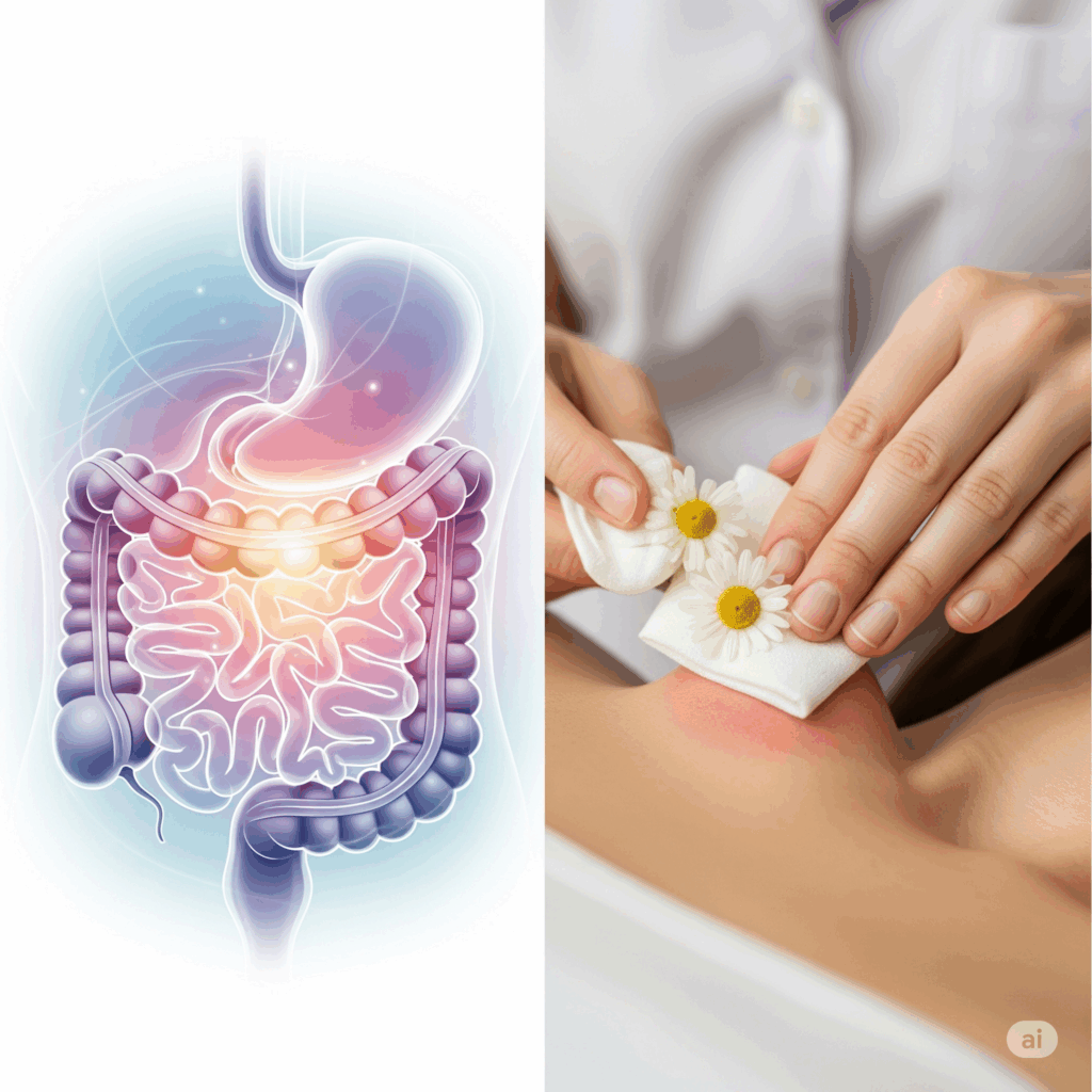 Imagen dividida que muestra un sistema digestivo saludable y una mano aplicando una compresa de manzanilla sobre piel irritada, ilustrando beneficios digestivos y cutáneos.