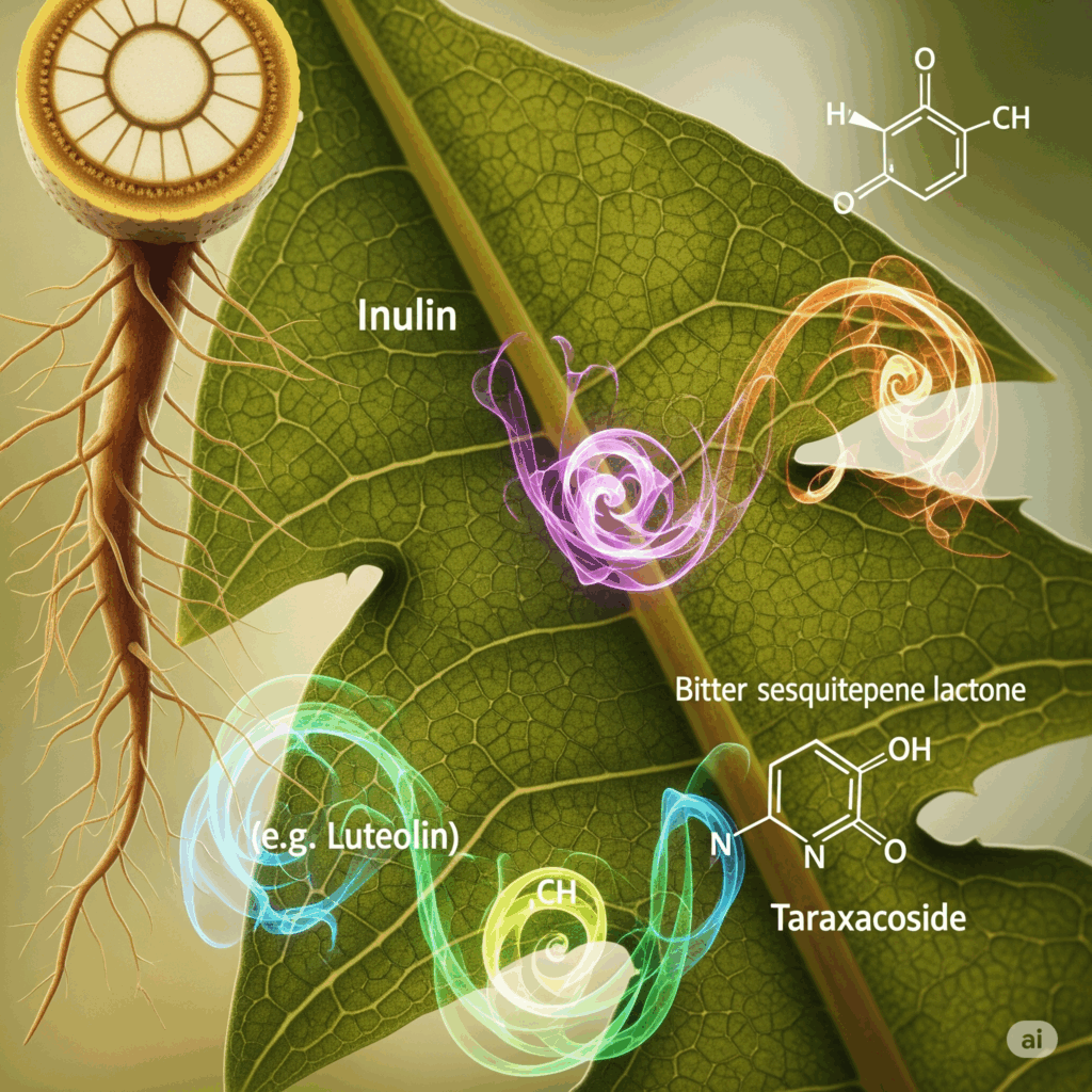 Primer plano macro fotorrealista de una hoja de Diente de León o un corte transversal de su raíz, quizás con representaciones abstractas y suavemente brillantes de compuestos químicos clave como la inulina, un flavonoide (ej. luteolina) o una lactona sesquiterpénica amarga (ej. taraxacósido) superpuestas sutilmente, simbolizando los compuestos activos responsables de sus beneficios.