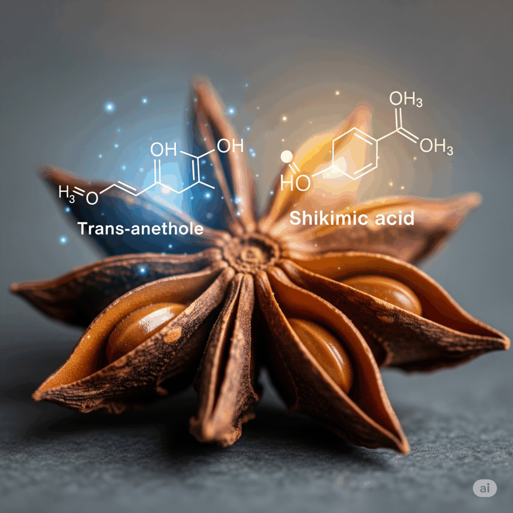 Primer plano macro fotorrealista de una vaina de anís estrellado abierta para revelar sus semillas, con representaciones abstractas y suavemente brillantes de la molécula de trans-anetol y la molécula de ácido shikímico superpuestas sutilmente, simbolizando los compuestos activos clave en su interior.