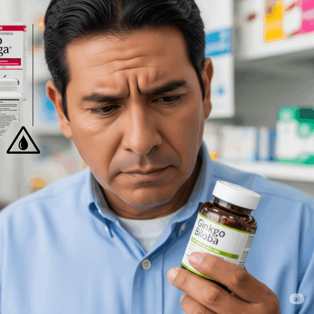 Imagen fotorrealista reflexiva de una persona en Ramos Arizpe leyendo cuidadosamente una etiqueta en una botella de suplemento de Ginkgo biloba, con una expresión seria y algo preocupada. Un fondo borroso podría mostrar un estante con otros medicamentos o un símbolo de advertencia relacionado con el adelgazamiento de la sangre, enfatizando la importancia de ser consciente de las posibles interacciones medicamentosas.