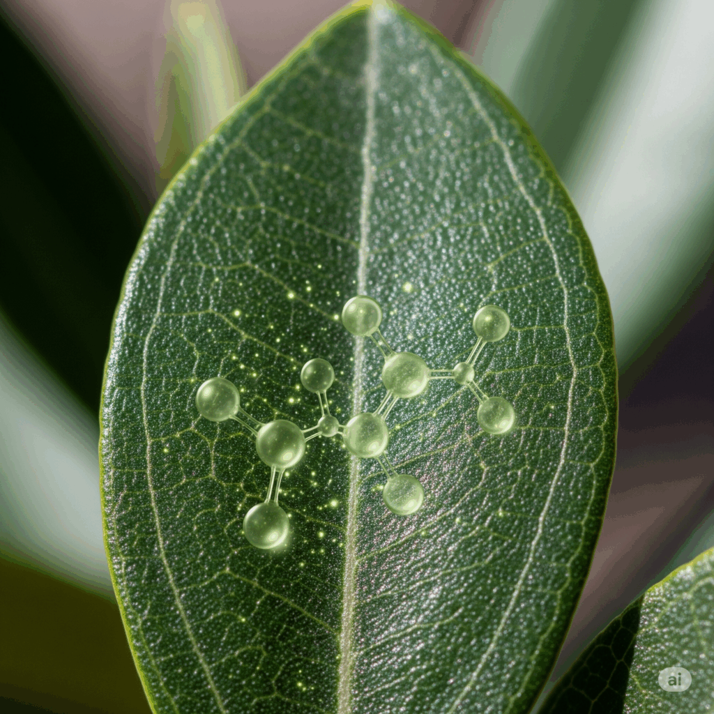 Primer plano macro fotorrealista de una sola hoja de olivo, quizás con una sutil representación abstracta de la molécula de oleuropeína emanando suavemente de su superficie, simbolizando el compuesto activo clave responsable de sus beneficios para la salud.