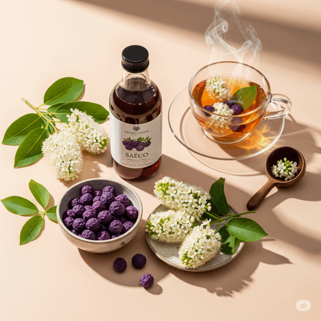 Presentación plana bellamente organizada que muestra varias formas de saúco: racimos de flores frescas de saúco, un pequeño tazón de bayas de saúco secas, una botella de jarabe de saúco (etiquetada) y una taza humeante de té de saúco. Se podría incluir una pequeña cuchara o cucharón tradicional, todo sobre una superficie natural de color claro.