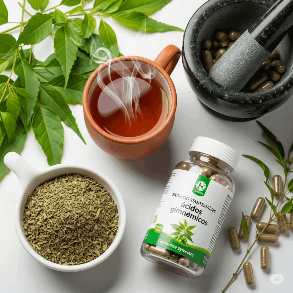 Presentación plana bellamente organizada que muestra varias formas de productos de Gymnema sylvestre: un pequeño tazón de hojas secas de Gymnema sylvestre, una taza de té humeante de Gymnema sylvestre y una botella de cápsulas de extracto estandarizado (etiquetada en español, destacando "ácidos gimnémicos"). También se podría incluir un mortero y una mano de mortero para sugerir la preparación tradicional.
