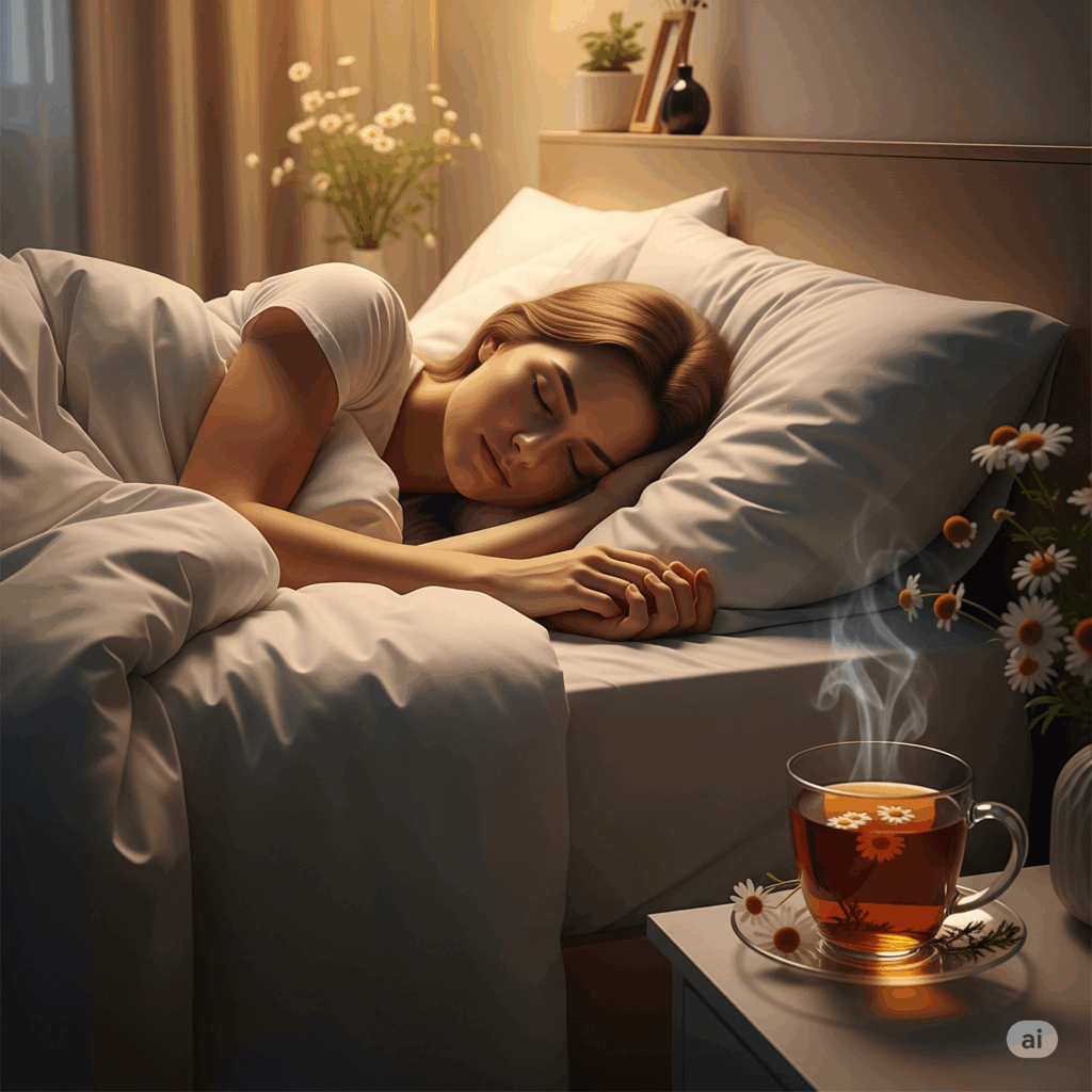 Imagen serena de una persona durmiendo plácidamente en una cama acogedora con una taza humeante de té de manzanilla en la mesita de noche, transmitiendo calma y buen sueño.