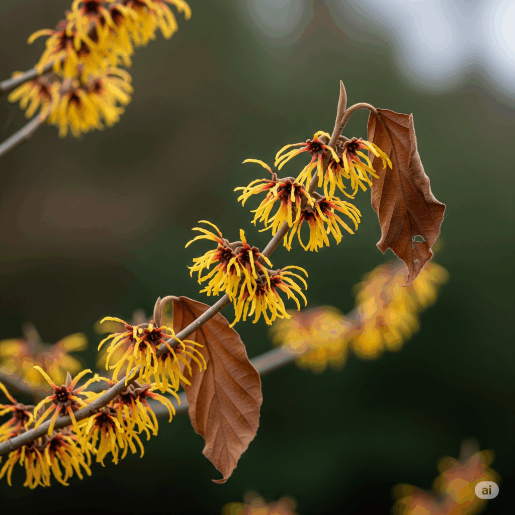 Primer plano fotorrealista y vibrante de una rama de Hamamelis virginiana a finales de otoño o principios de invierno, mostrando sus distintivas flores amarillas anaranjadas en forma de araña y algunas hojas restantes. La iluminación debe enfatizar la apariencia delicada y única de las flores, con un fondo natural suave que sugiera el borde de un bosque o un jardín.