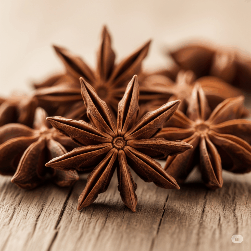 Primer plano fotorrealista de varias vainas enteras y secas de anís estrellado (Illicium verum) dispuestas artísticamente sobre una superficie de madera rústica. La intrincada forma de estrella y el color marrón cálido deben ser resaltados por una luz suave y natural, enfatizando su naturaleza aromática y visualmente atractiva.