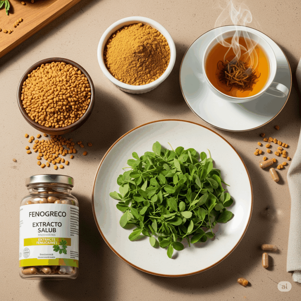 Presentación plana bellamente organizada que muestra varias formas de Fenogreco: un pequeño cuenco de semillas enteras de fenogreco, otro cuenco de polvo de fenogreco, una taza de té de fenogreco humeante, un plato con hojas de fenogreco (methi) y una botella de cápsulas de extracto de fenogreco (etiquetada en español). El entorno debe reflejar tanto usos culinarios como medicinales.