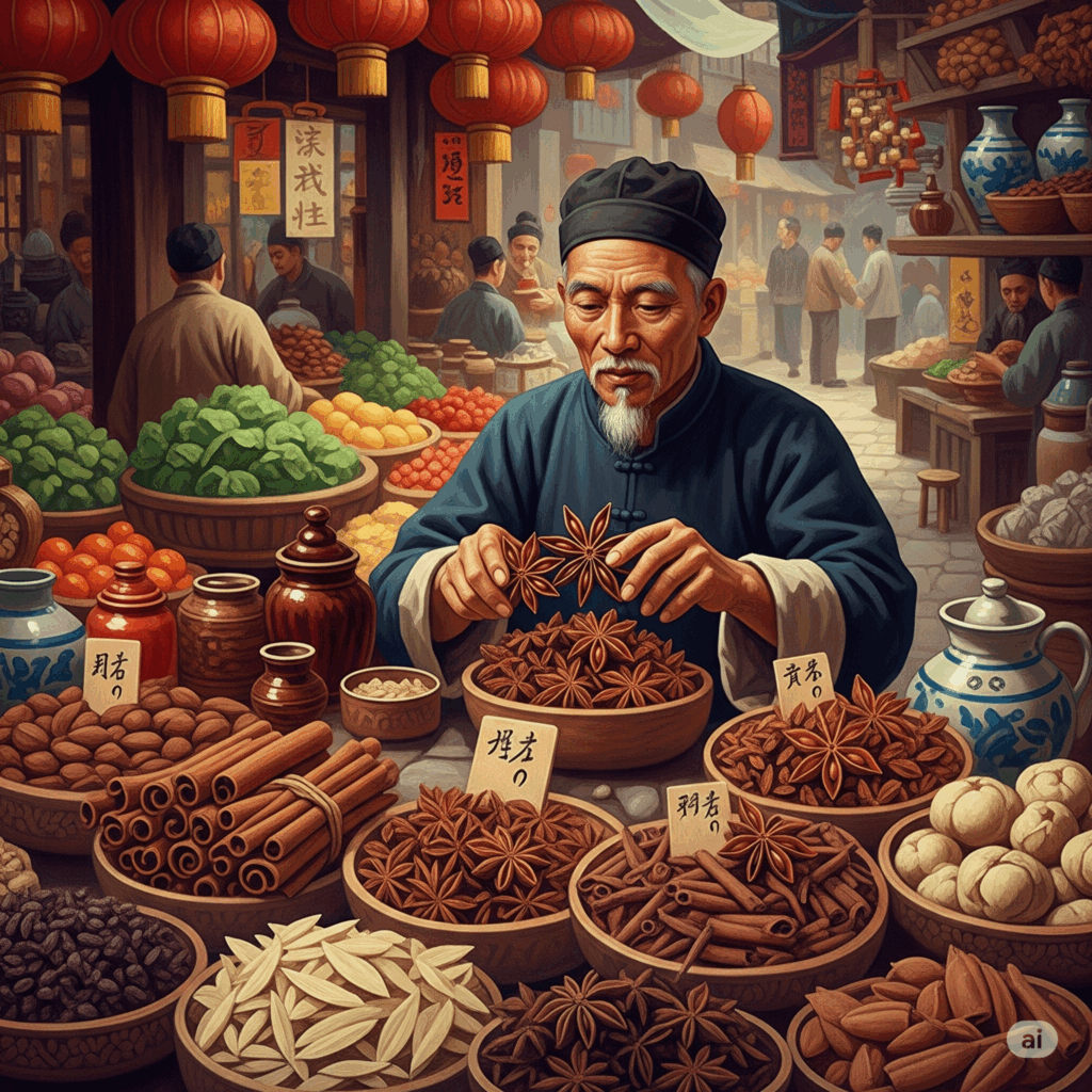 Ilustración o pintura estilo vintage que representa a un antiguo herbolario chino o un comerciante de especias en un bullicioso mercado asiático, con exhibiciones prominentes de anís estrellado y otras especias exóticas, simbolizando su viaje histórico y uso en la medicina y rutas comerciales orientales.