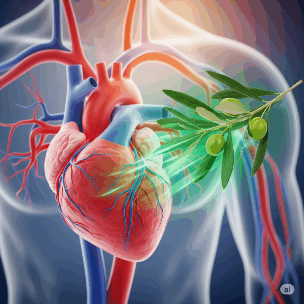 Imagen conceptual fotorrealista que muestra un corazón y vasos sanguíneos humanos estilizados con una energía verde suave y protectora que irradia de hojas de olivo o una rama de olivo hacia ellos, simbolizando los beneficios cardiovasculares y antioxidantes de la hoja de olivo.