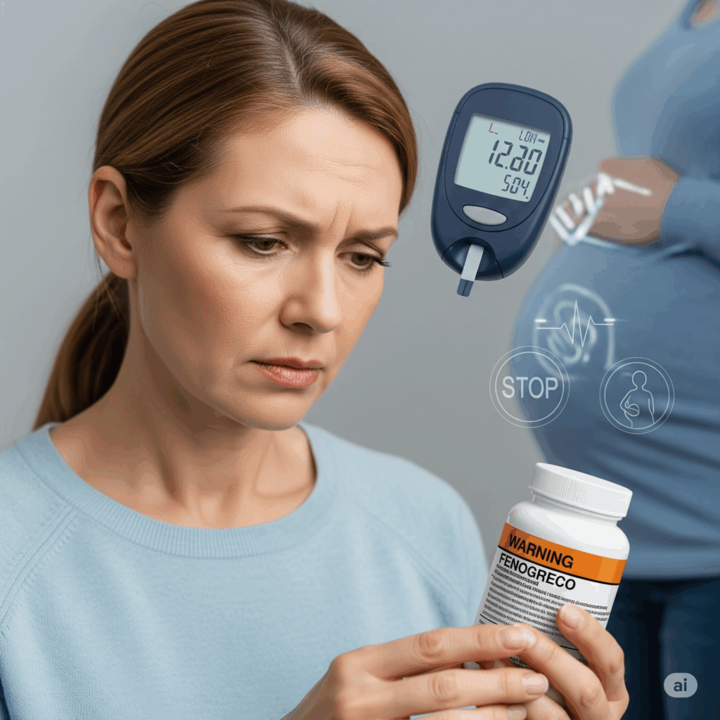 Imagen fotorrealista reflexiva de una persona con expresión preocupada, leyendo cuidadosamente la etiqueta de advertencia en una botella de suplemento de Fenogreco. Un fondo borroso podría mostrar un monitor de glucosa, un vientre de embarazada con una señal de "alto", u otros símbolos médicos, enfatizando la importancia crítica de la consulta médica debido a posibles interacciones y efectos secundarios (especialmente hipoglucemia y contraindicación durante el embarazo).