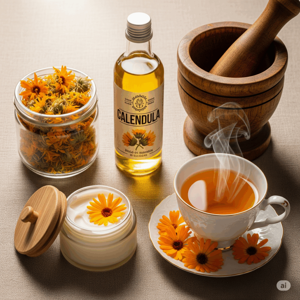 Presentación plana bellamente organizada que muestra varias formas de uso de la caléndula: flores de caléndula secas en un pequeño frasco de vidrio, una botella de aceite de caléndula (etiquetada en español), un pequeño recipiente de crema o bálsamo de caléndula y una taza humeante de té de caléndula. Se podría incluir un mortero y mano para sugerir la preparación, todo sobre una superficie natural y de color claro.