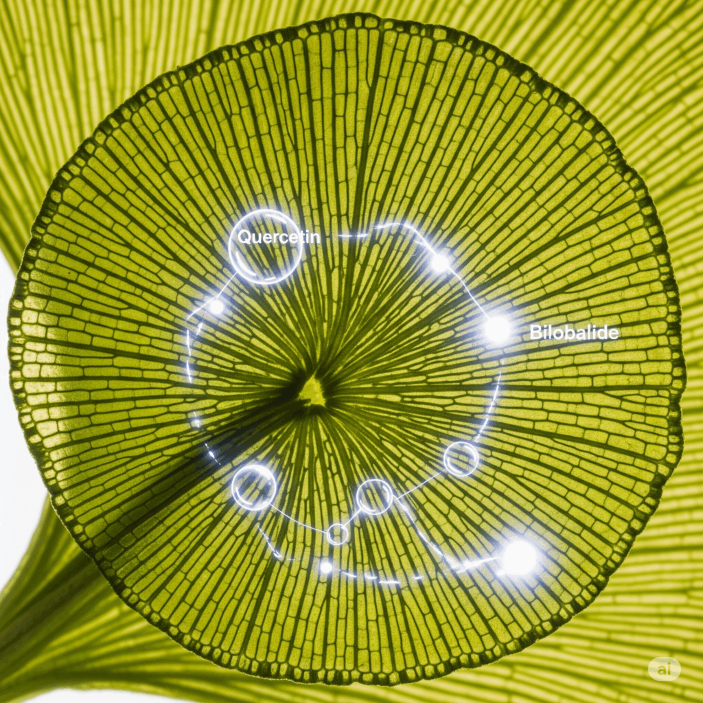 Primer plano macro fotorrealista de un corte transversal de una hoja de Ginkgo biloba, quizás con representaciones abstractas y suavemente brillantes de compuestos químicos clave como un flavonoide (ej. quercetina) y un terpeno (ej. bilobálido) superpuestas sutilmente, simbolizando los componentes activos responsables de sus beneficios cognitivos y circulatorios.